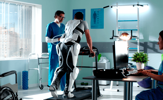 Rehabilitation session with exoskeleton in clinic