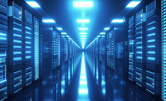 Data centre showing servers on both sides with a blue tint